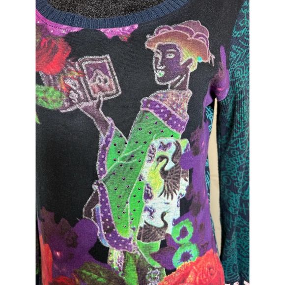 Desigual Geisha Floral Embellished Long Sleeve Tie Cuff Black Sweater Size M - Picture 5 of 9